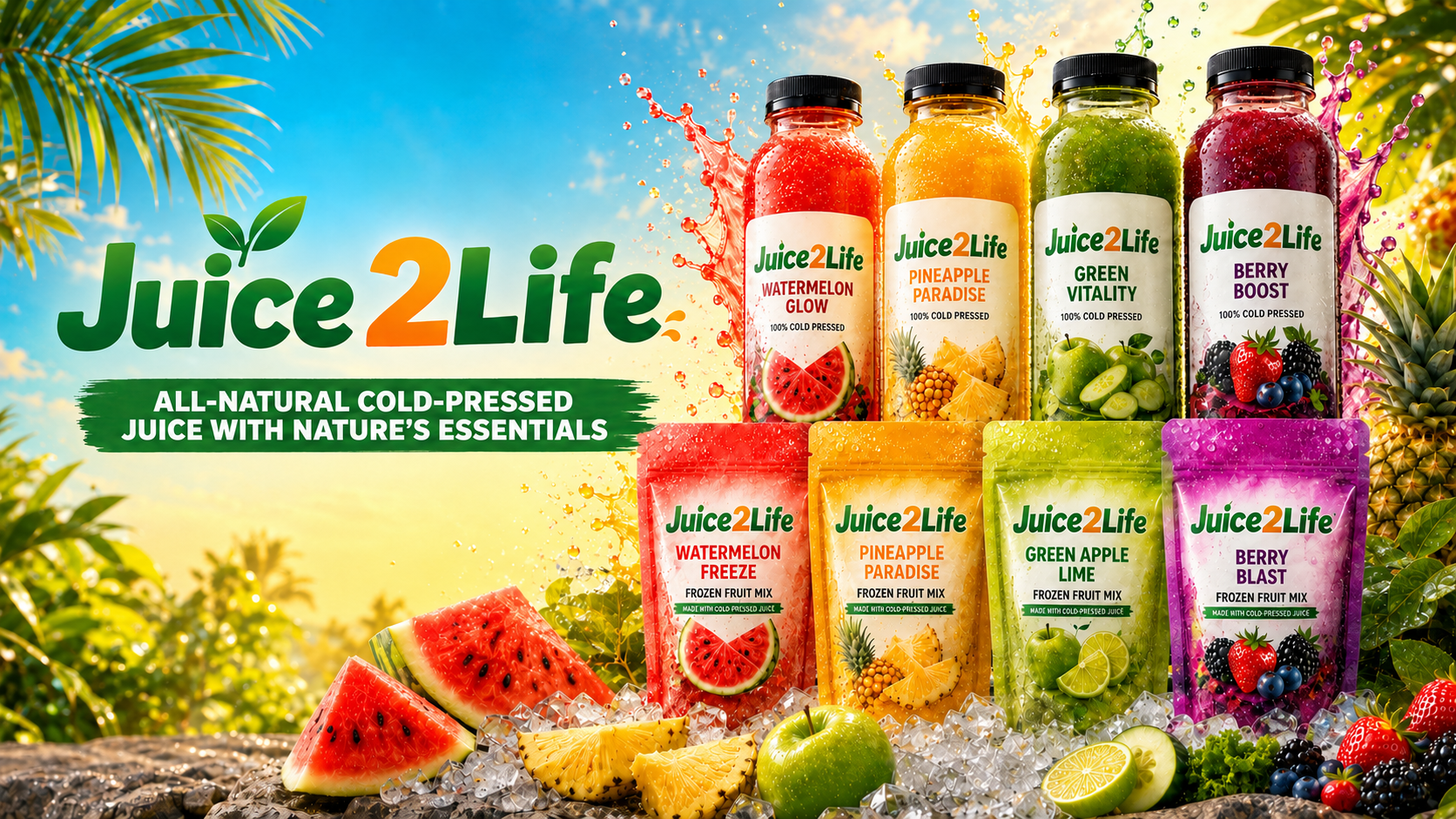 Juice2Life cold-pressed juice bottles and frozen fruit mix pouches on ice